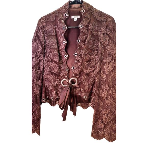 Vintage Y2K Cache Blazer Brown Mesh Floral Lace Up Jacket with Grommets Sz Small - Picture 1 of 6